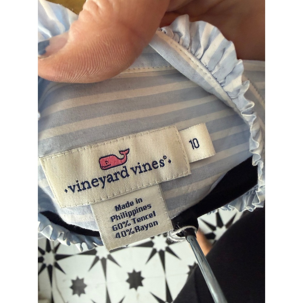 Vineyard Vines Striped Ruffle Trim Button Down Shirt Blue White Size 10 - Picture 2 of 9